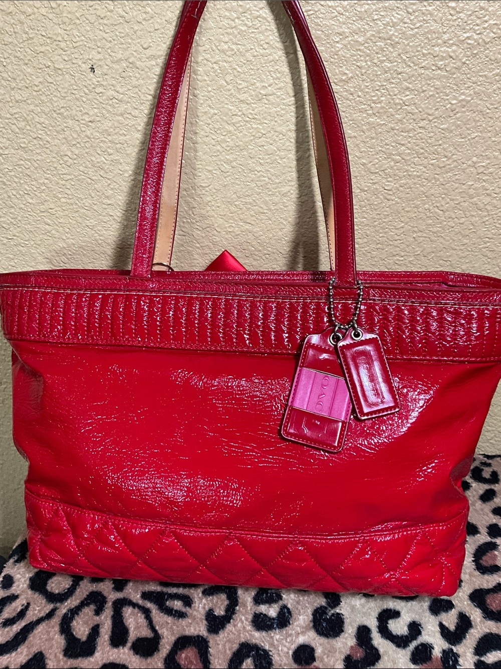 Coach Red Patent Leather Tote with Bow Charm - Picture 2 of 6